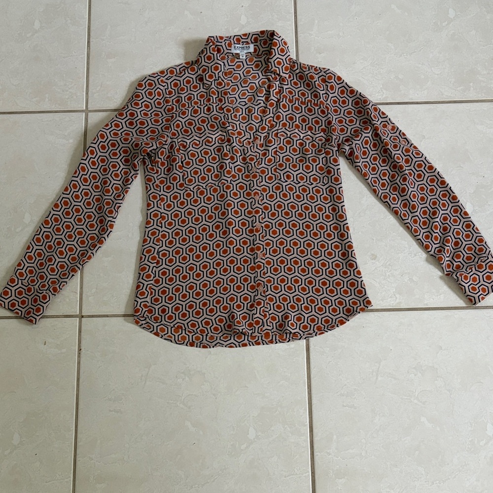 Express Brown and Black Geometric Button Down Shirt